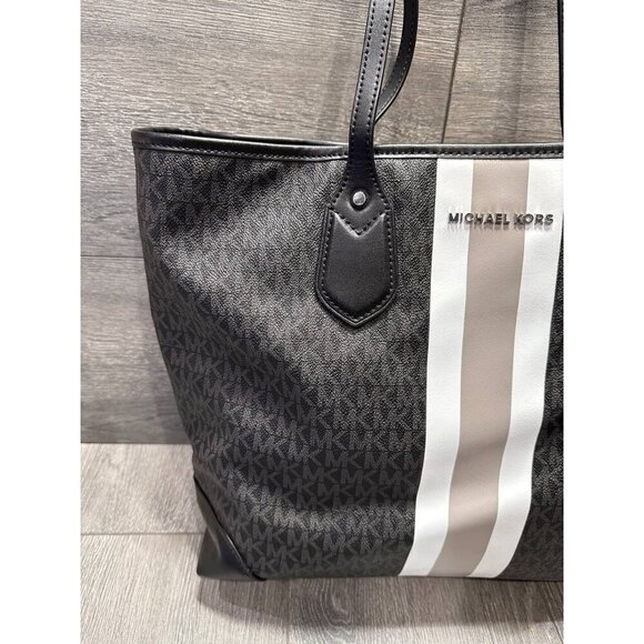 Michael Kors Eva Large Logo Stripe Tote Bag in Black White - Picture 15 of 16
